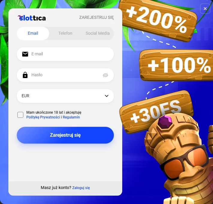 Registration page at Slottica kasyna